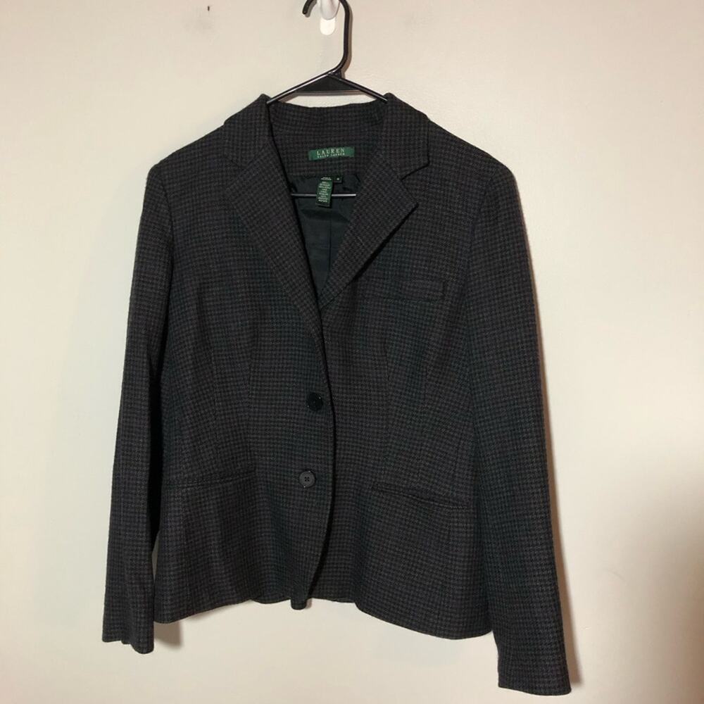 Lauren Ralph Lauren charcoal grey purple plaid wool blazer womens 10 academia